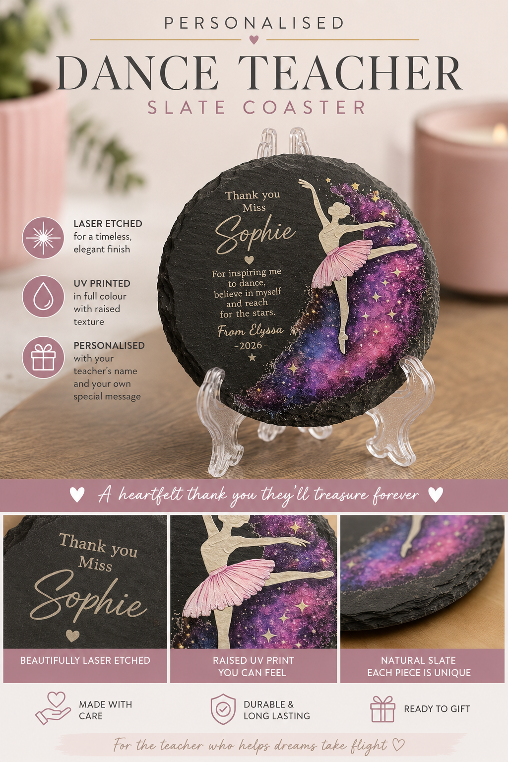 Personalised Dance Teacher Slate Coaster Gift | Laser Etched & UV Printed | Custom Name