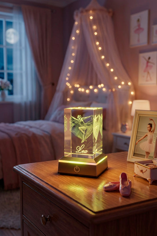 Personalised Ballet Crystal Keepsake | 3D Inner Engraved Dancer Photo | LED Light Base