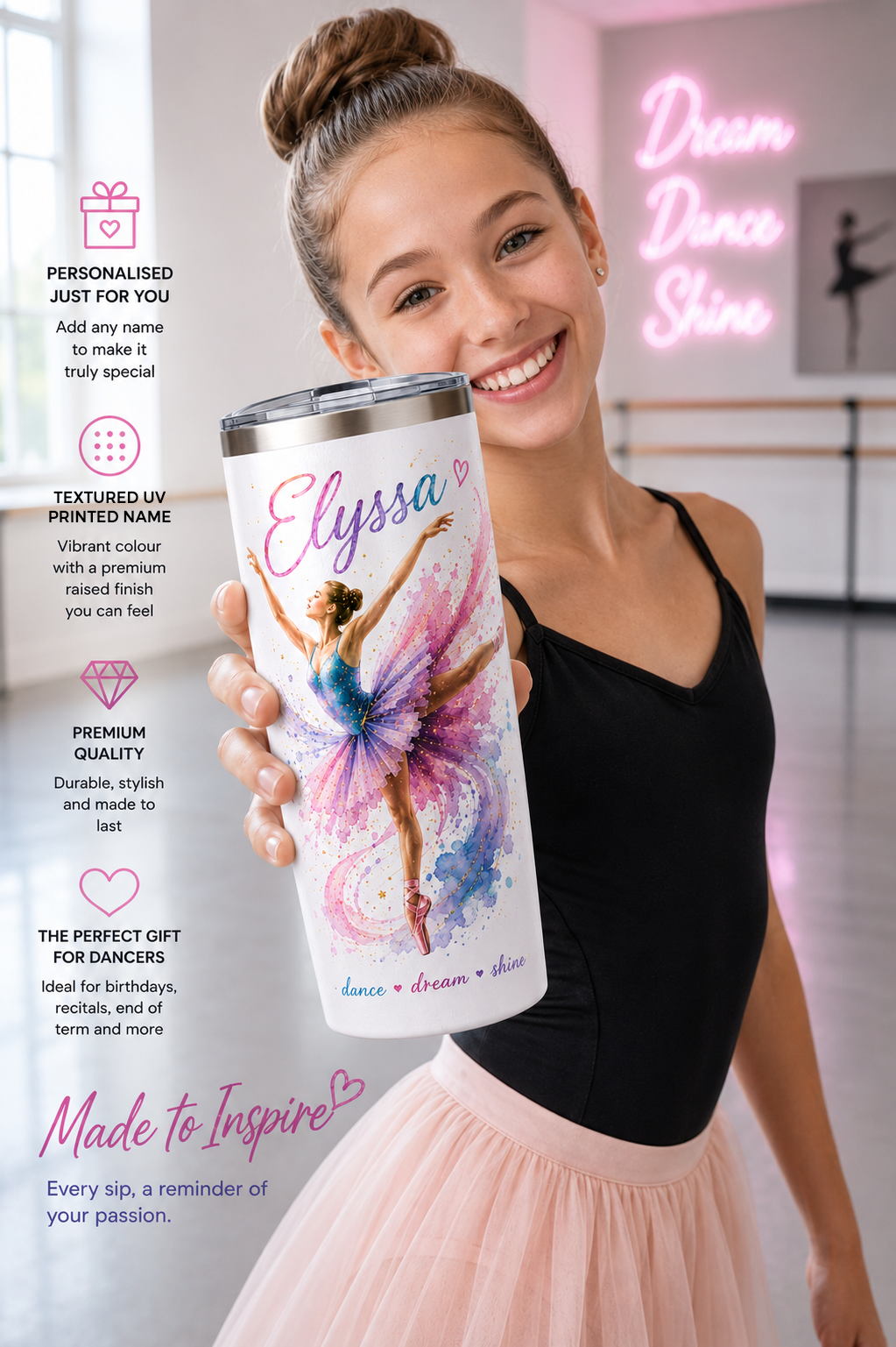 Personalised Dancer Inspired Steel Tumbler | UV Printed | Custom Name | Ballet Gift